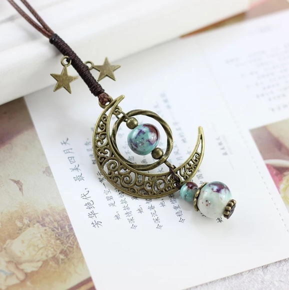 Midofare Jewelry - Handmade boho celestial ceramic pendant necklace